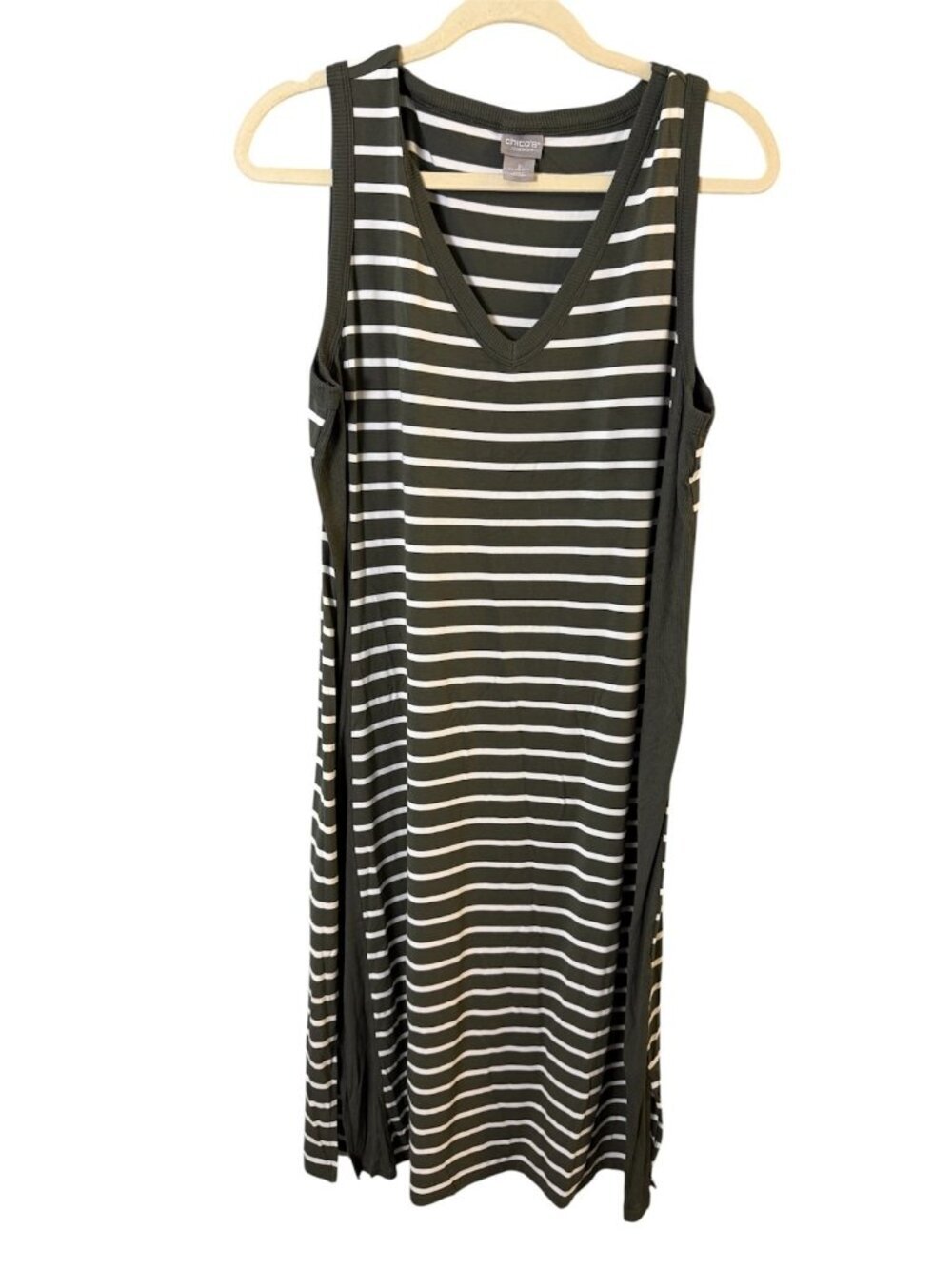 Chico’s Zenergy Olive Green Column Midi Dress size 2 12 / 14 Sleeveless Coastal